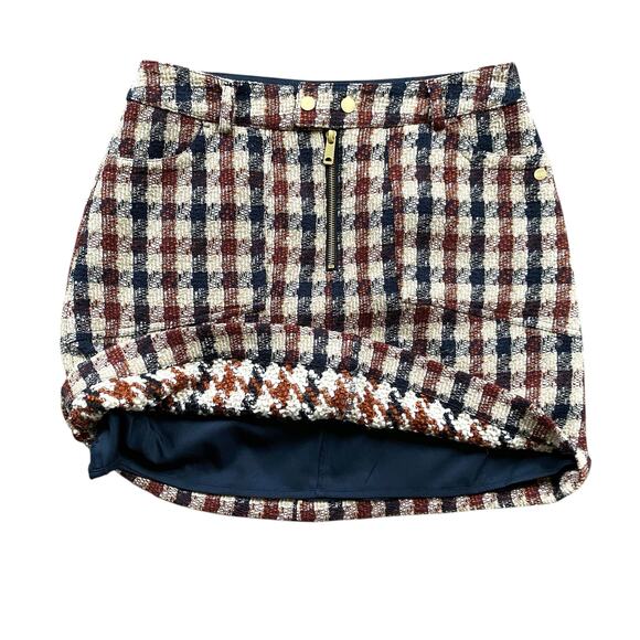 Scotch & Soda Tweed Mini Skirt Sz M Brown Check Exposed Zipper Retro Academia - Picture 12 of 13
